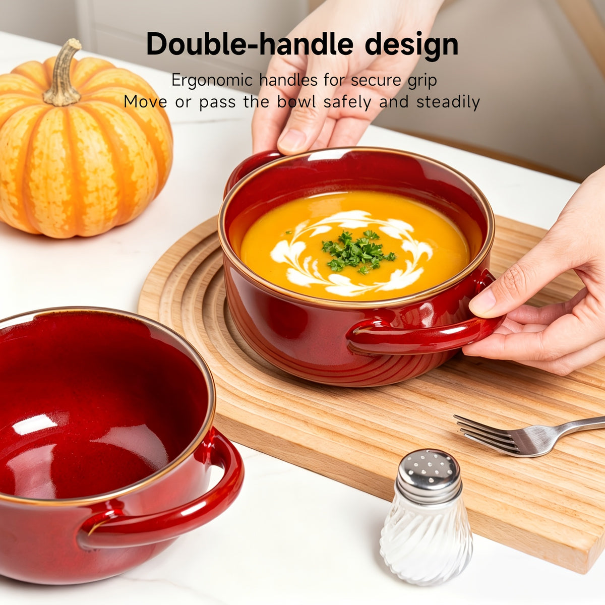 Colorful Ceramic Double-Handled Bowl Set Dopamine Style 28oz Extra-Large – Microwave & Dishwasher Safe for Soup, Salad, Pasta & Ramen – 2 or 4 Piece, Assorted Colors