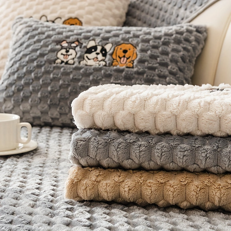 Honeycomb Velvet Sofa Slipcover Pet-Friendly Non-Slip with Cute Dog Embroidery, Bohemian Style Machine Washable Polyester Couch Cover for Sofa Cushion Backrest Armrest – Single Piece Home Decor, Grey