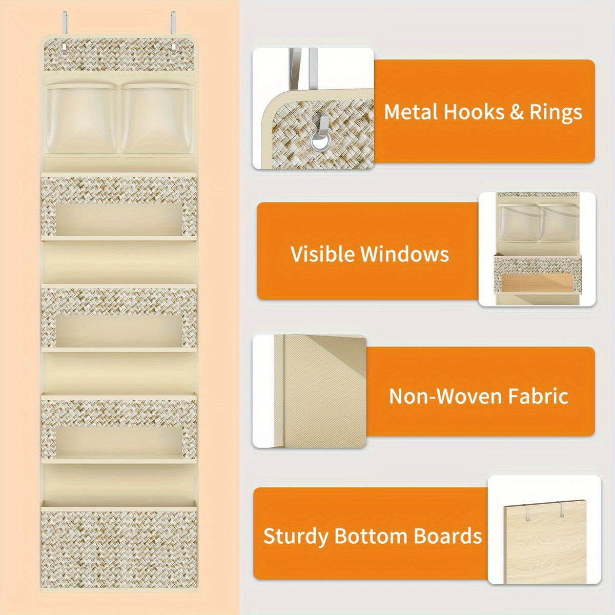 Over-The-Door Hanging Organizer – Set of 2, 5-Shelf with 4 Clear Plastic Pockets, Beige Utility Rack for Closet, Bedroom & Bathroom Storage