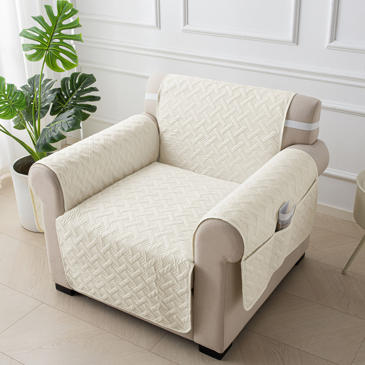 Sofa Cushion Cover with Storage Pocket – Pet-Proof Non-Slip Multi-Function Sofa Protector, All-Season Machine Washable, 1/2/3-Seater, Navy Coffee Off-White Dark Gray