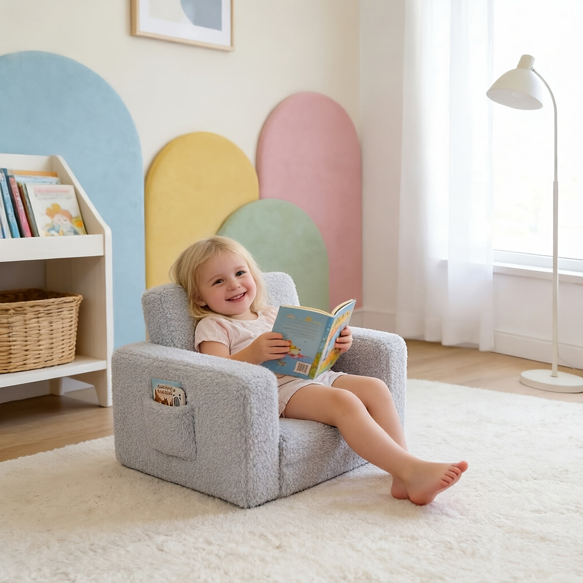 Kids Sofa Chair 2-in-1 Convertible Recliner – Soft Plush Velvet with Storage Pocket & Armrest Pockets, Folding Lounge Chair for Boys & Girls | Pink, Grey & White