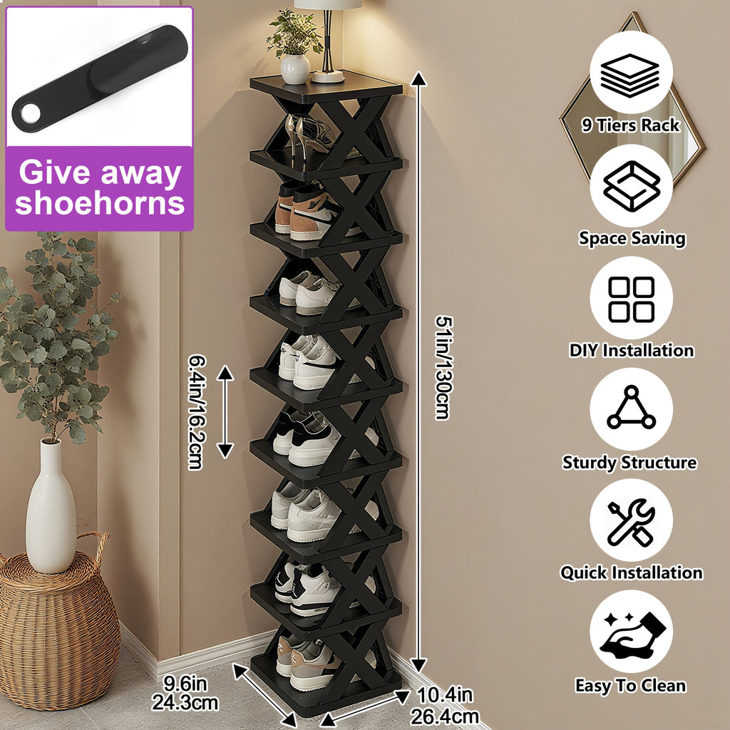 Stackable Shoe Rack Organizer 6 or 9 Tier – Plastic Vertical Shoe Shelf for Entryway, Hallway, Bedroom & Closet, Holds 6–9 Pairs, Easy Assembly, Black or White