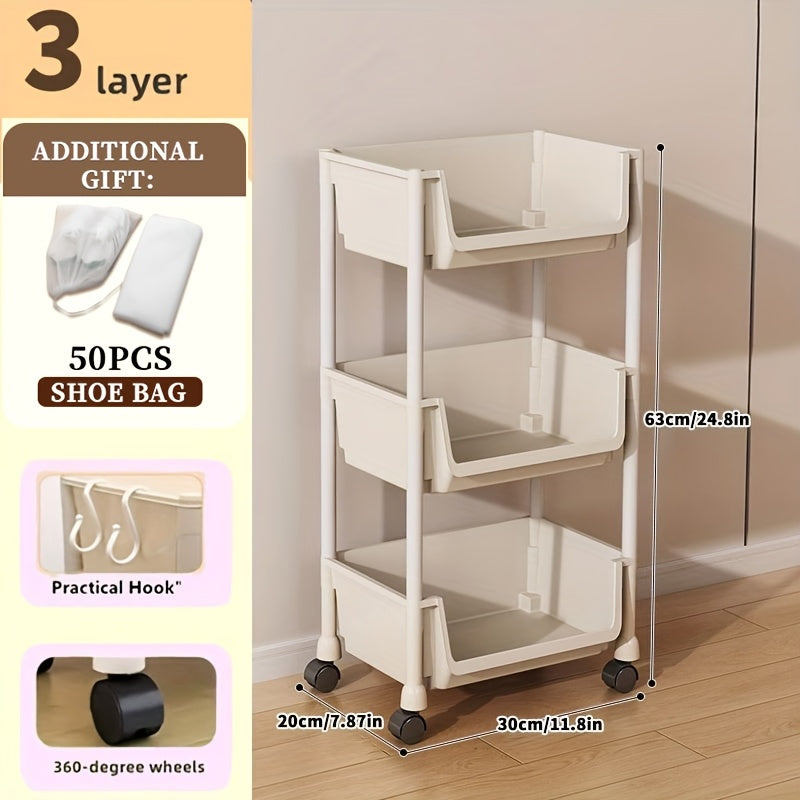 Shoe Rack with Wheels 3/4/5 Tier White Metal Shoe Storage Rack with Hooks Rolling Shelving Unit for Entryway Bedroom Closet Kitchen Office