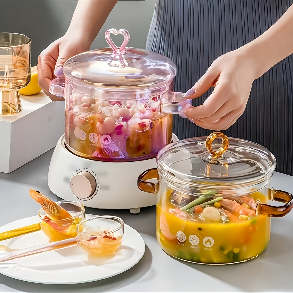 Pink Glass Cooking Pot 1500ml with Heart-Shaped Lid Boiling Stewing Multi-Function Glass Pot for Pasta Soup Congee Noodles Compatible with Electric Ceramic Stovetop