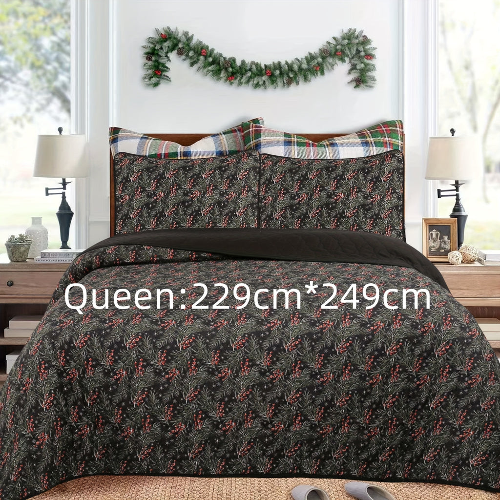 Christmas Quilt Set Queen King 3 Piece – Rustic Lodge Deer Snowman Snowflake Holiday Bedding Ensemble, Quilted Bedspread Coverlet with Pillow Shams, Machine Washable Lightweight Comforter