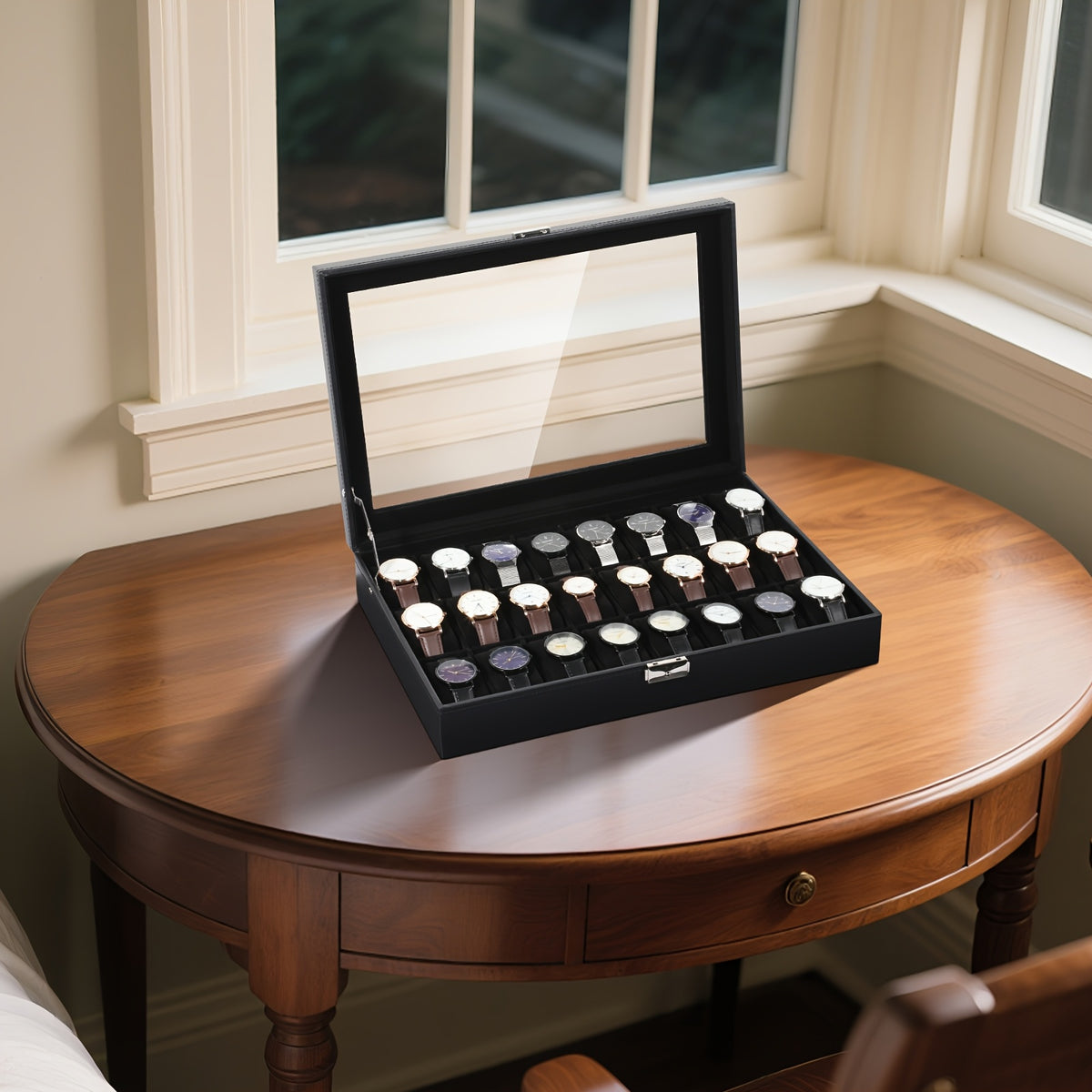 24-Slot Watch Box Organizer with Large Glass Lid & Key Lock, Faux Leather Watch Display Case for Men & Women, Tabletop Jewelry Storage Box for Watches, Wristwatch Collection Gift