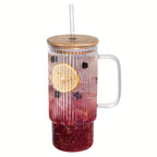 32oz Ribbed Glass Cup with Handle, Bamboo Lid & Straw – Large Clear Glass Tumbler for Iced Coffee, Hot & Cold Drinks – Aesthetic Glassware for Home & Office