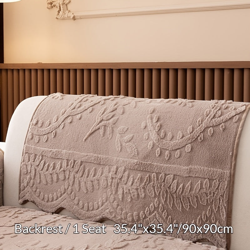 Faux Rabbit Fur Sofa Cushion Cover Non-Slip Machine Washable Seat Pad for 1 2 3 4 Seater Couch Elegant Floral Pattern Khaki Brown Gray Cream