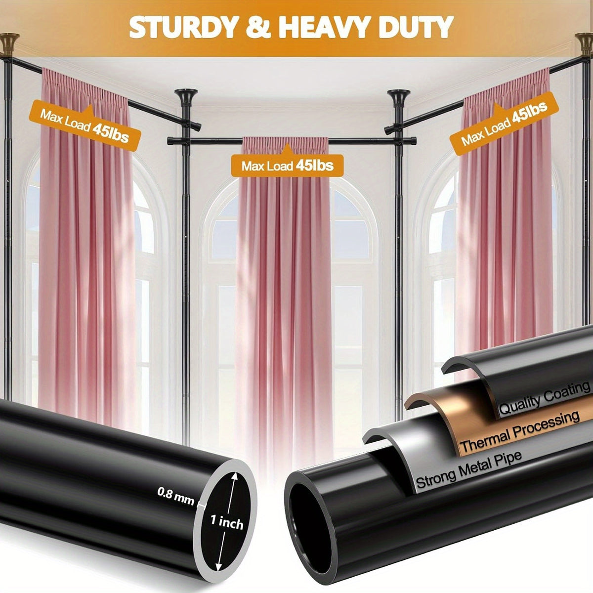 Adjustable Tension Room Divider Curtain Rod – No Drilling, 28–171" Wide, 4–10 ft Floor-to-Ceiling, Heavy Duty, Black & White (Curtains Not Included)