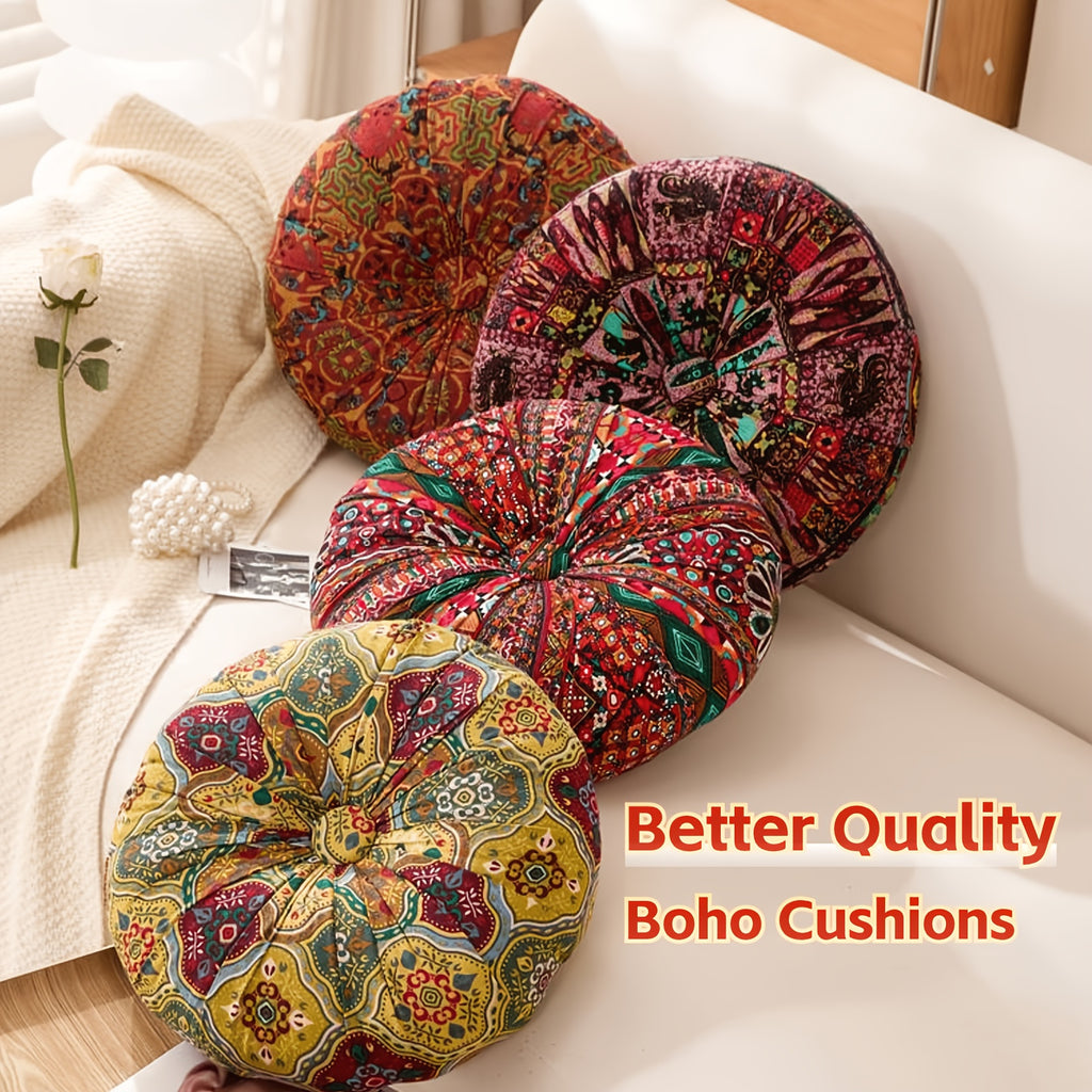 Boho Round Floor Cushion Pillow Thick Filling - Bohemian Decorative Accent Pillow for Sofa Living Room Bedroom, 6 Colors, 2 Sizes