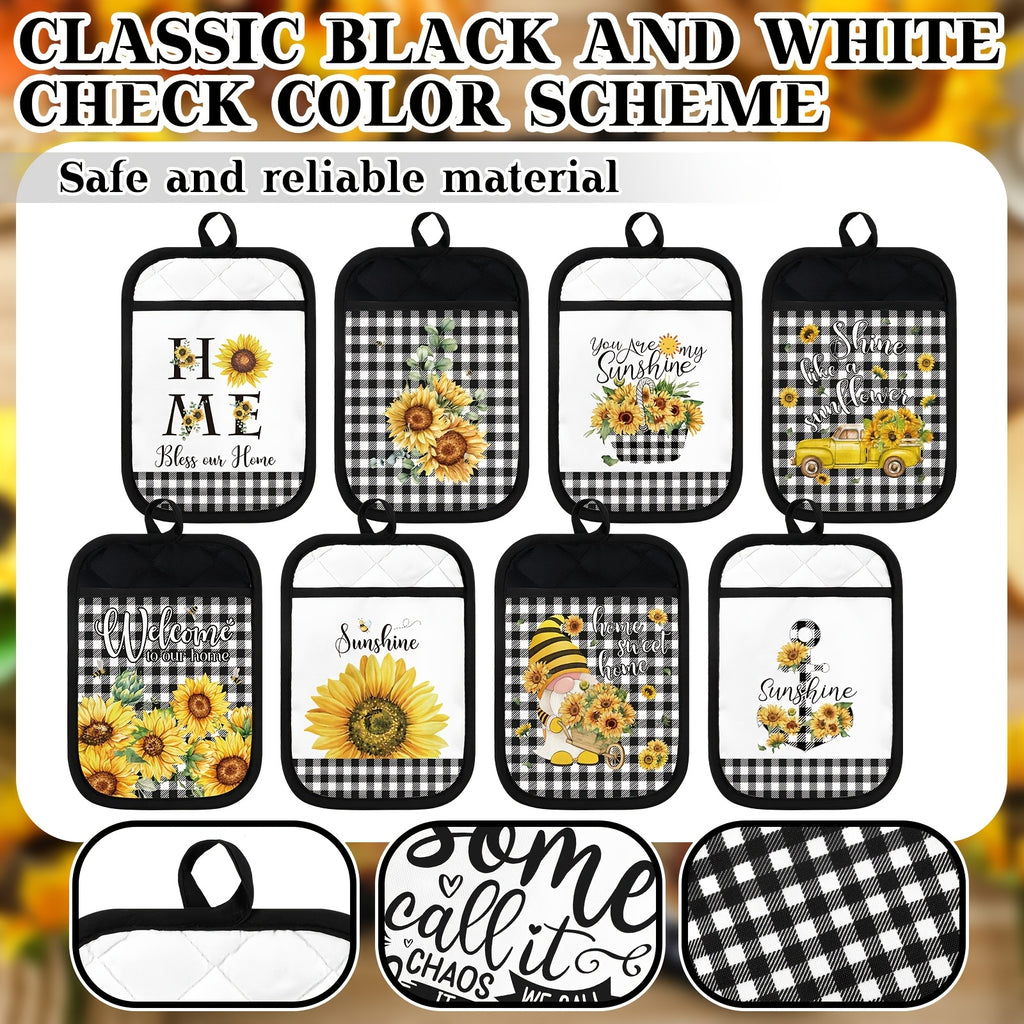 8-Piece Pot Holders Set with Pocket – Buffalo Plaid Oven Mitts, Sunflower Hot Pads & Cookie Bag, Farmhouse Kitchen Gift for Christmas, Baking & Cooking