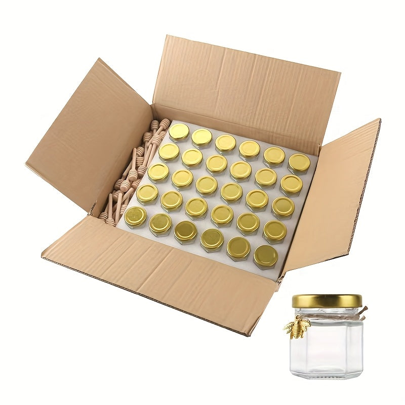 Mini Hexagon Honey Jar Favor Set – 1.5oz Glass Jars with Golden Lid, Bee Charm, Honey Dipper & Gift Tags | 20-60 Pcs | Wedding, Baby Shower & Party Favors
