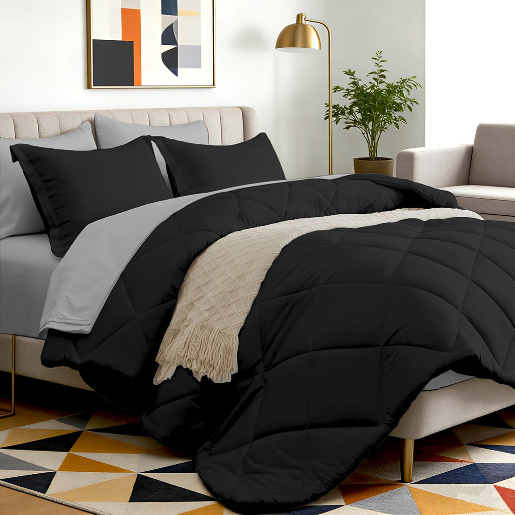 Bed in a Bag 7-Piece Double-Sided Checked Comforter Set – Ultra Soft Fluffy All Season Bedding with Flat Sheet Fitted Sheet Pillowcases Shams, Twin XL Full Queen King