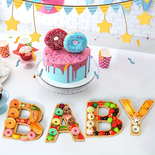 4pcs Baby Shower Wooden Charcuterie Letter Boxes Set BABY Shaped Bamboo Serving Tray Board Decorative Platter for Snacks Cake Cookies – Gender Reveal Birthday Party