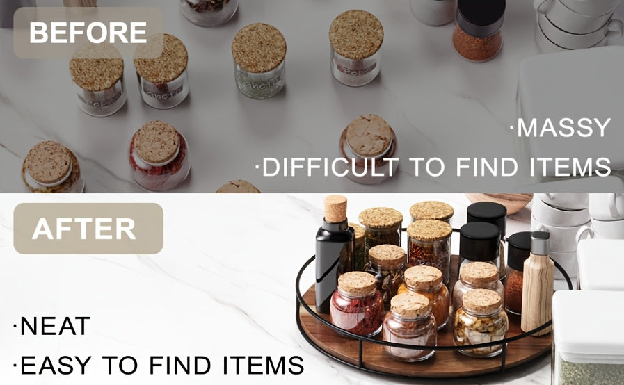 Lazy Susan Turntable 9 Inch Set of 2 - Rustic Brown Wood with Steel Frame, 360° Rotating Organizer for Kitchen Countertop, Cabinet, Dining Table Centerpiece, Spice Rack & Pantry Storage