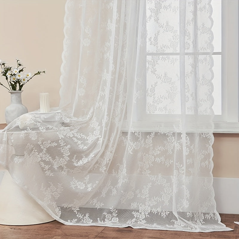Boho Floral Lace Curtain Panels Set of 2 – Semi-Sheer Light Filtering, Rod Pocket, Pastoral Vintage Style for Bedroom Living Room Kitchen, 6 Sizes 4 Colors