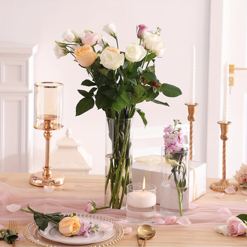 TOMNK Bulk Clear Cylinder Glass Vases 12/20/24pcs in 4-5 Sizes – Tall Boho Flower Vase Set for Wedding Centerpieces, Rustic Home Decor, Formal Dinners, Parties & Hurricane Floating Candle Holders