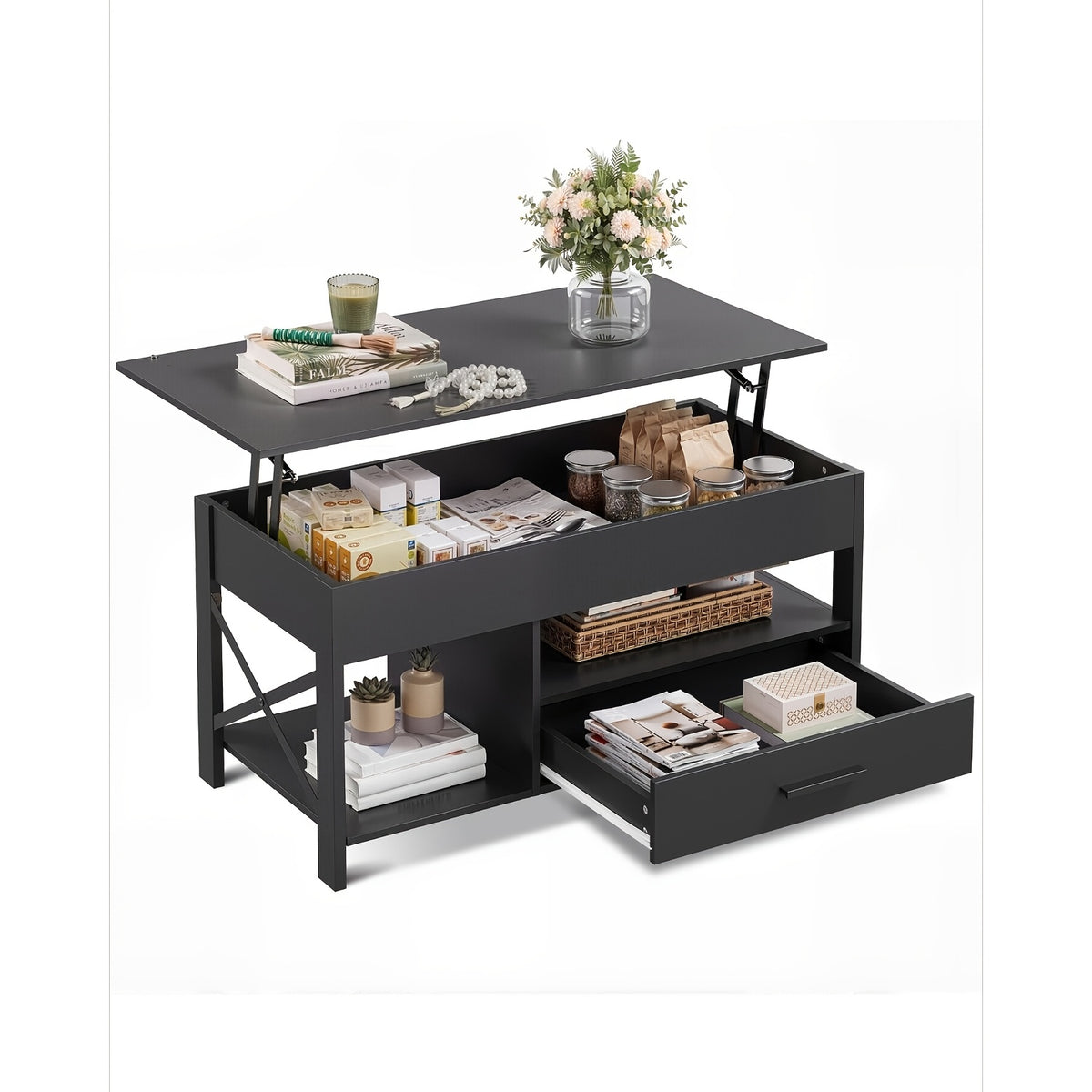 Lift Top Coffee Table with Storage Drawers & Hidden Compartment – Modern Wood Living Room Center Table, Space-Saving Multifunctional Design, 5 Colors
