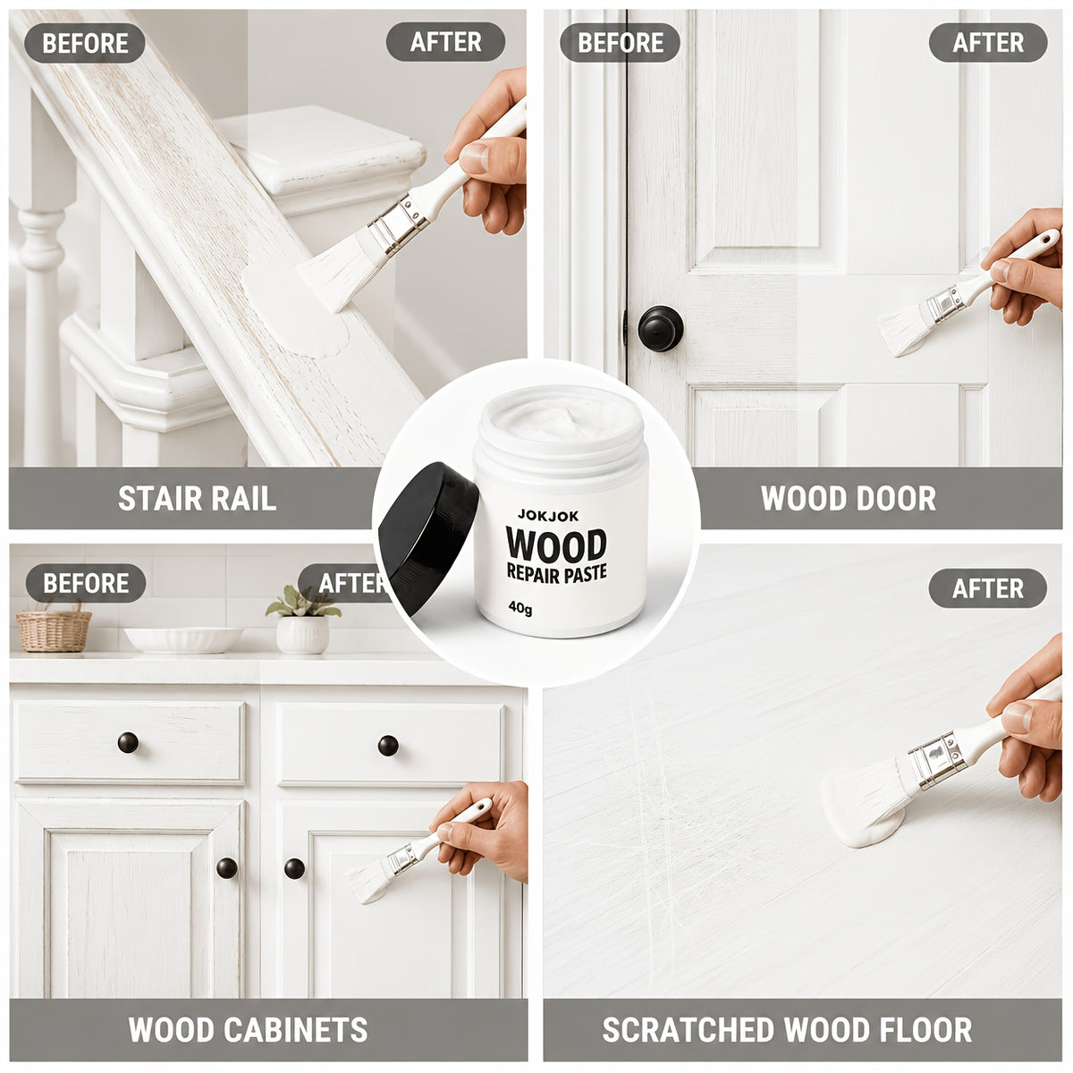 Wood Touch-Up Repair Paste with Brush – 4 Colors White, Light, Medium & Dark Brown for Scratches, Chips, Dents & Faded Wood on Floors, Cabinets, Doors, Tables & Chairs