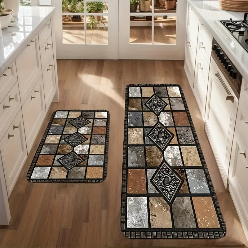 Diatomaceous Earth Kitchen Floor Mats 2-Piece Set – Vintage Plaid Absorbent Non-Slip Fast-Drying Rugs for Kitchen, Bathroom & Hallway