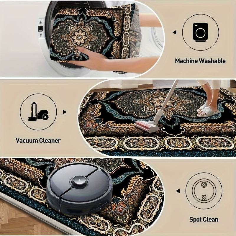 Dark-Toned Bohemian Area Rug Skin-Friendly – Non-Slip Non-Shedding Machine Washable Pet-Friendly Floor Mat for Living Room, Bedroom & Kitchen, 5 Sizes