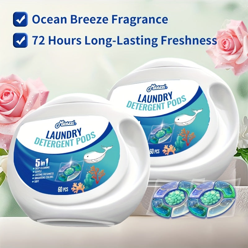 5-in-1 Laundry Detergent Pods, Ocean Breeze Scent, 8X Cleaning Power – HE Compatible Stain & Odor Eliminator Liquid Capsules, Fabric Safe, 60 / 120 Count
