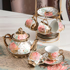 20 Piece Ceramic Tea Set Floral Design – European Afternoon Tea Service with Teapot, Cups, Saucers & Metal Stand – Blooming Style, Gift for Tea Lovers