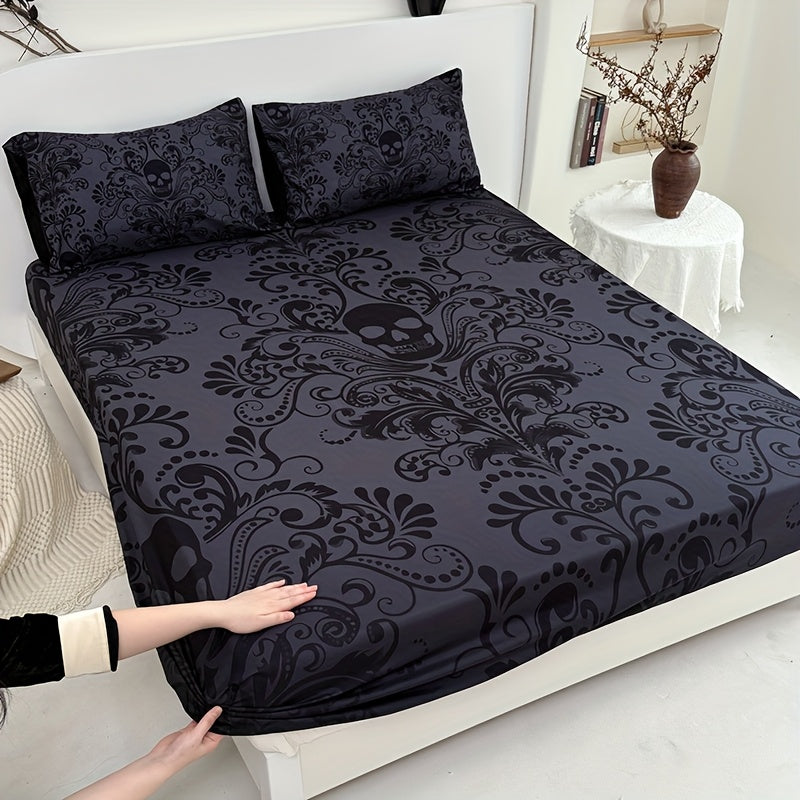 Gothic Skull Fitted Sheet Set 3-Piece – Victorian Baroque Black & Gray Skull Pattern, Deep Pocket 15", Machine Washable Hypoallergenic Bedding, Twin Full Queen King