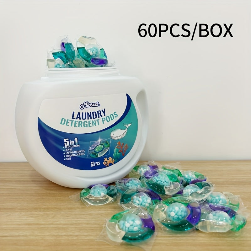 5-in-1 Laundry Detergent Pods, Ocean Breeze Scent, 8X Cleaning Power – HE Compatible Stain & Odor Eliminator Liquid Capsules, Fabric Safe, 60 / 120 Count