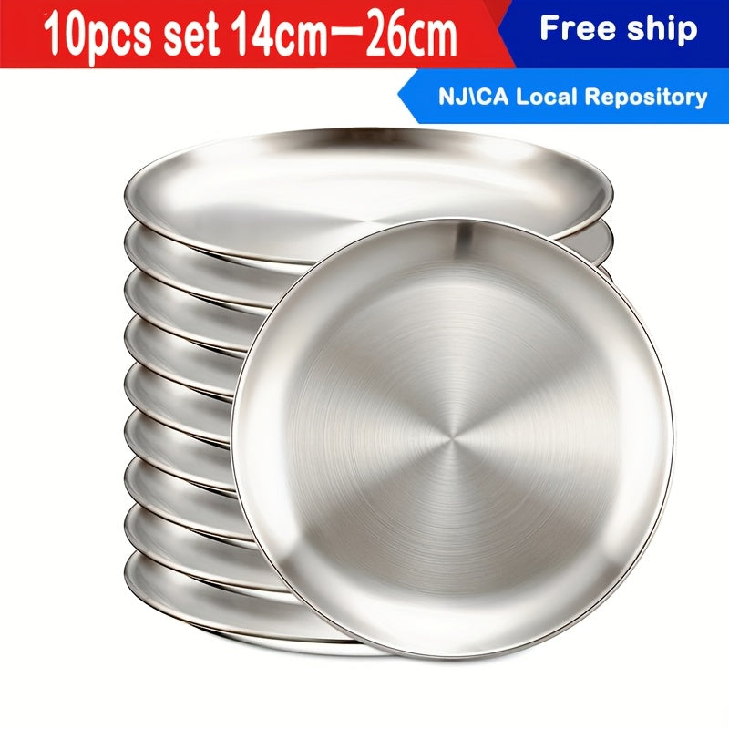 304 Stainless Steel Dinner Plates Set of 10 BPA-Free Dishwasher Safe Non-Toxic Round Metal Plates for Home Outdoor Camping Holiday Use