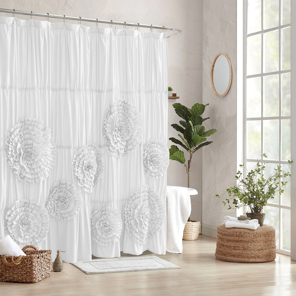 Ruffled Shower Curtain Farmhouse 72x72 - Handmade 3D Flower Vintage Ruched Fabric Bathroom Curtain, Victorian Romantic Luxury Decor, Black Pink Camel, Waterproof Microfiber 12 Holes