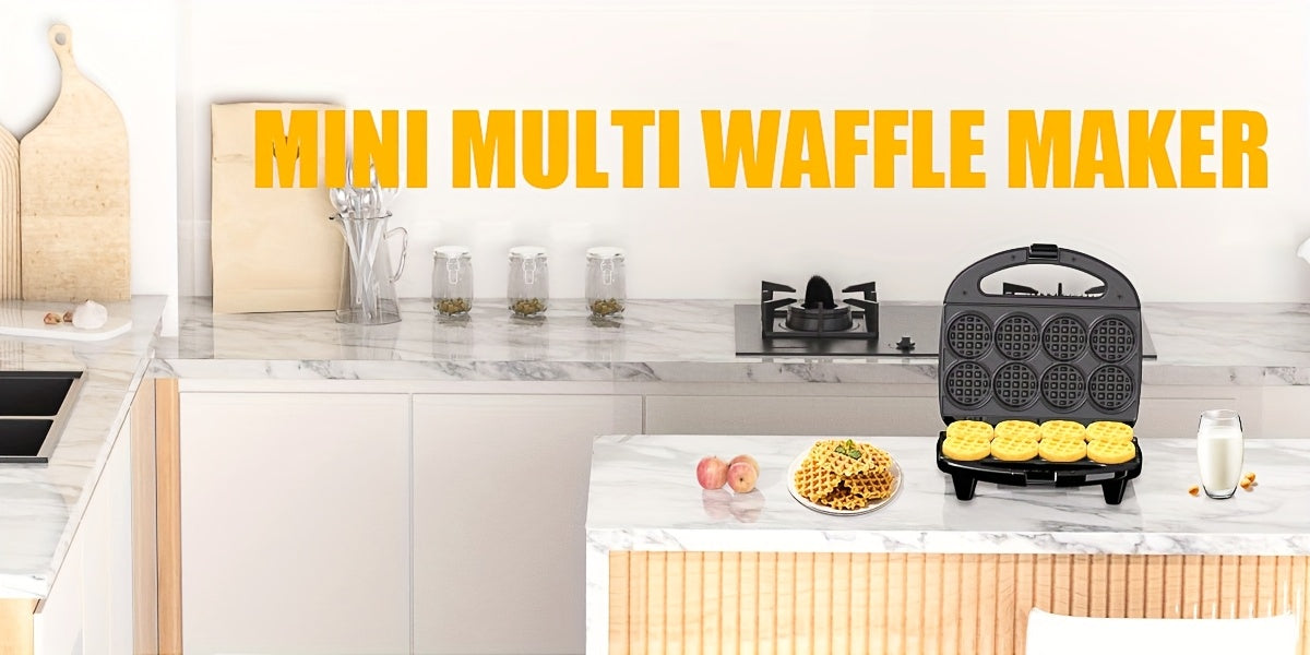 Mini Waffle Maker Makes 8 Bite-Size 2-Inch Waffles Dual Non-Stick Plates Cool Touch Handle Compact Family Breakfast Maker