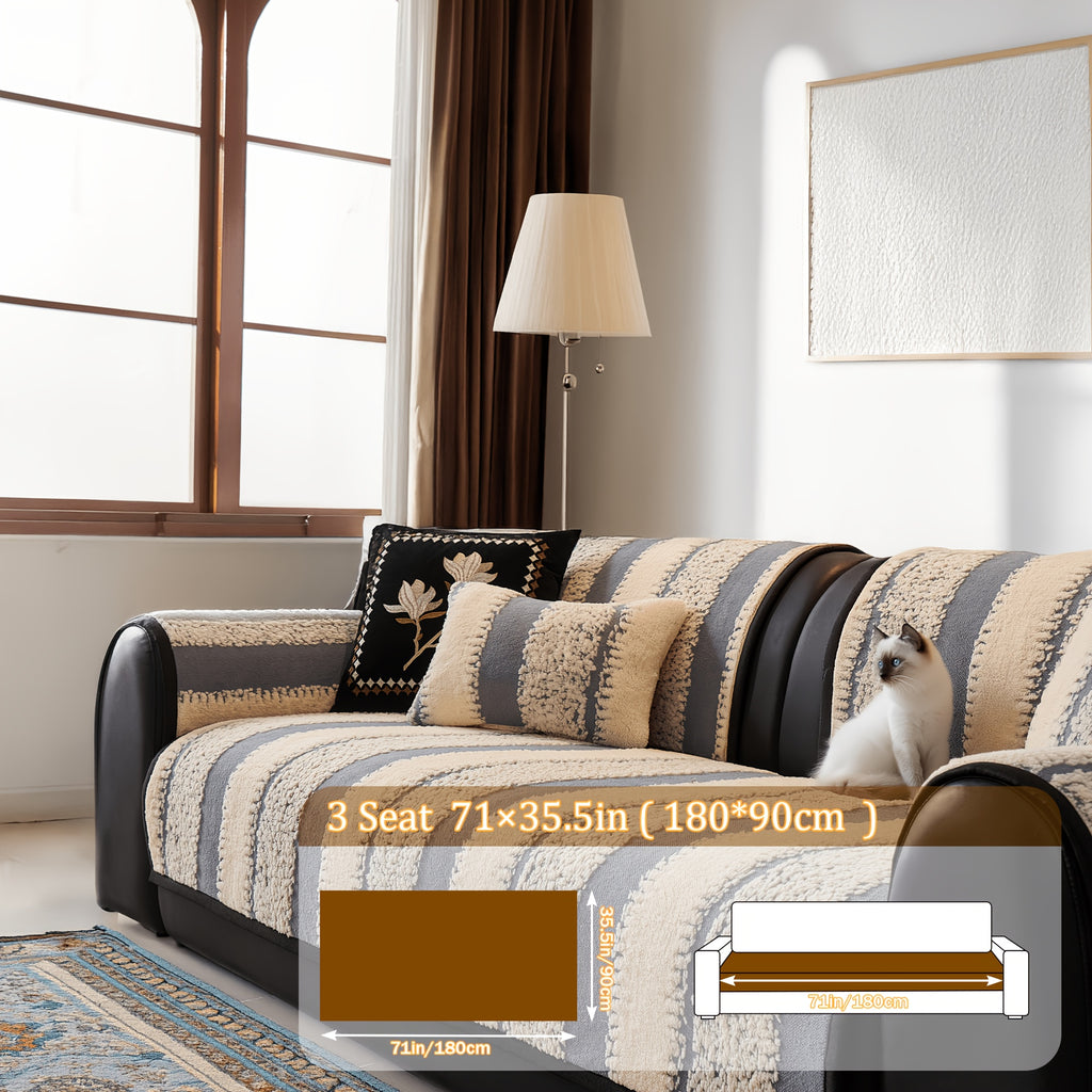 Non-Slip Sofa Slipcover, Striped Couch Cover for 2/3/4 Seater with Silicon Rubber Backing, Pet-Friendly Machine Washable Furniture Protector, All-Season Soft Sofa Cover, Sold by Piece
