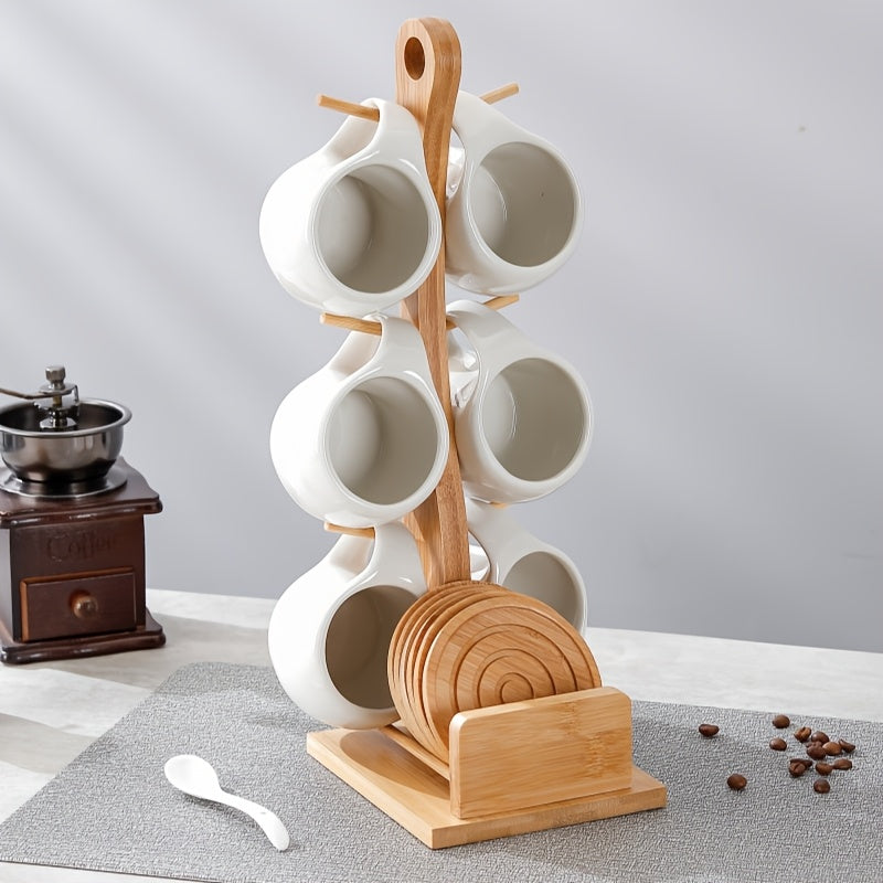 Ceramic Coffee Cup Set with Wooden Coaster and Cup Holder – 6 Piece 200ml 6.8oz for Latte Cappuccino Espresso Tea, Home Office Cafe Gift