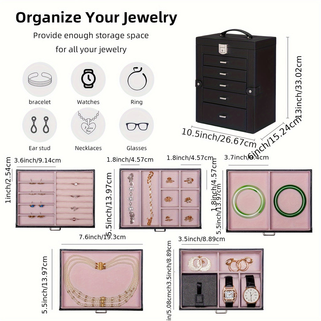 Jewelry Box with Lock & Mirror, Large 6-Tier Jewelry Case with 5 Drawers, Lockable Jewelry Storage Organizer for Women, Girls & Loved Ones — Jewelry Armoire Gift