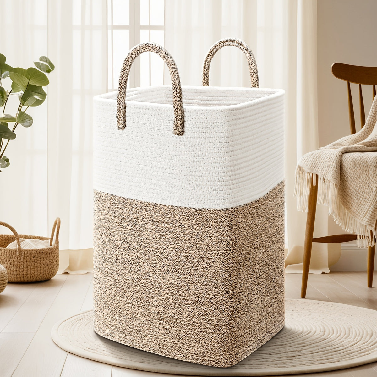 Woven Cotton Rope Laundry Basket Jumbo Size 10.57–26.42 Gal, Multifunctional Storage Bin for Dirty Clothes Blankets Toys – Bathroom Living Room Bedroom Hamper, Bohemian Home Decor Laundry Organizer