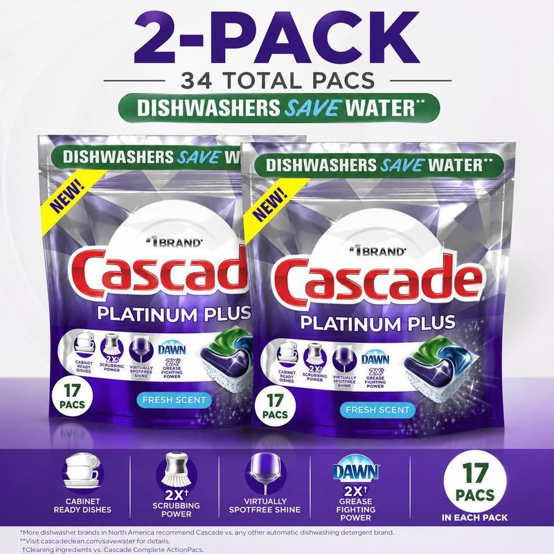 Cascade Platinum Plus Dishwasher Detergent Pacs Fresh Scent 2 Pack 17 Count – No Pre-Rinse Needed, Grease-Fighting & Glassware Protection Dish Pods