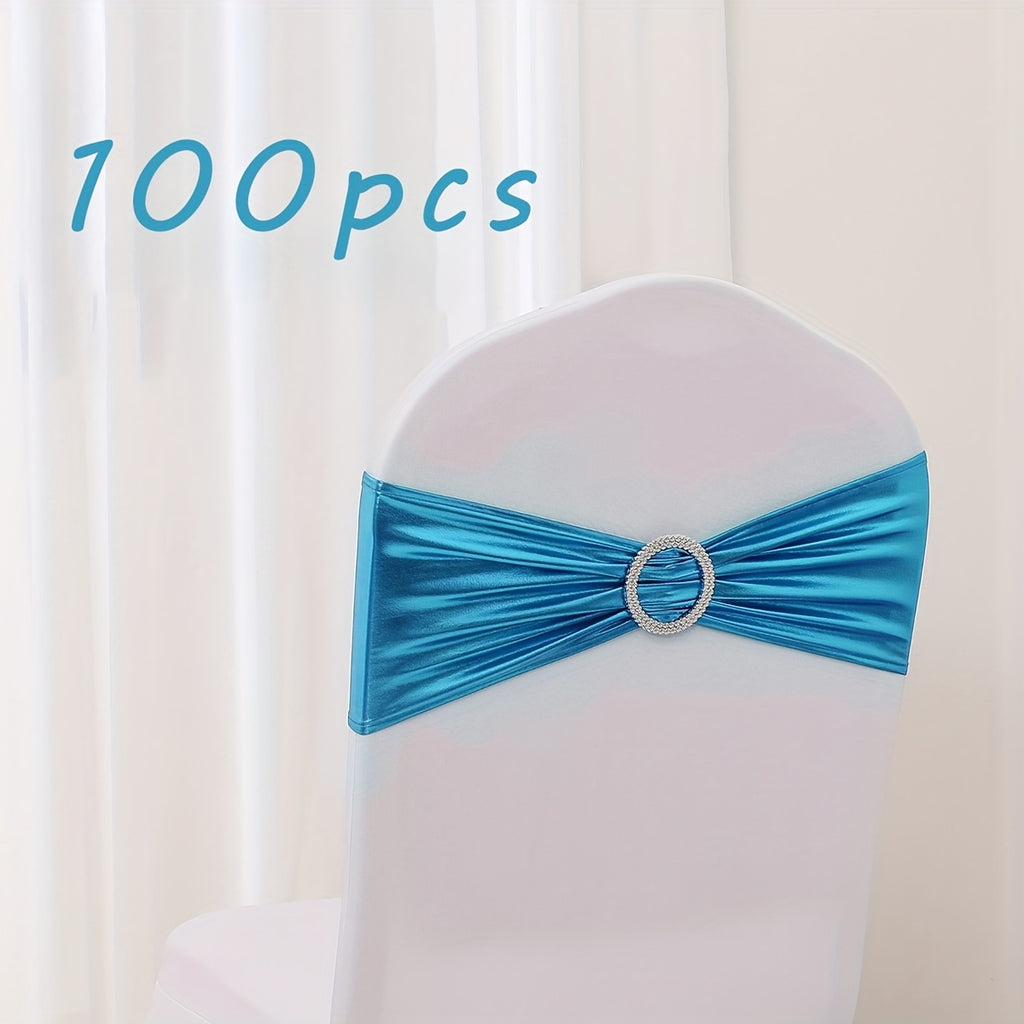 Spandex Chair Sash Bows 100-Pack Metallic Gold Silver Rose Gold Wedding Chair Belts Decorative Bow Ties for Banquet Event Party Chairs – Elastic Chair Bands for Wedding Reception Decoration