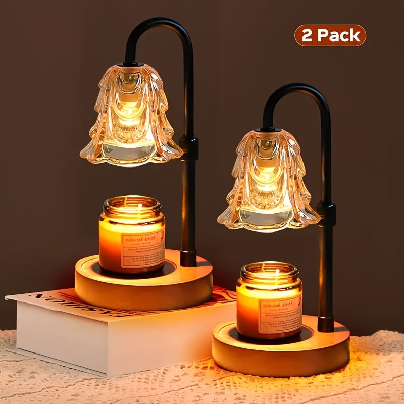 2/4-Pack Candle Warmer Lamp with Wooden Base & Glass Shade, Dimmable 12-Hour Timer, Height & Brightness Adjustable Wax Warmer for Jar Candles, Home Decor Gift for Wife, Mom & Friends (Bulb Not Included)