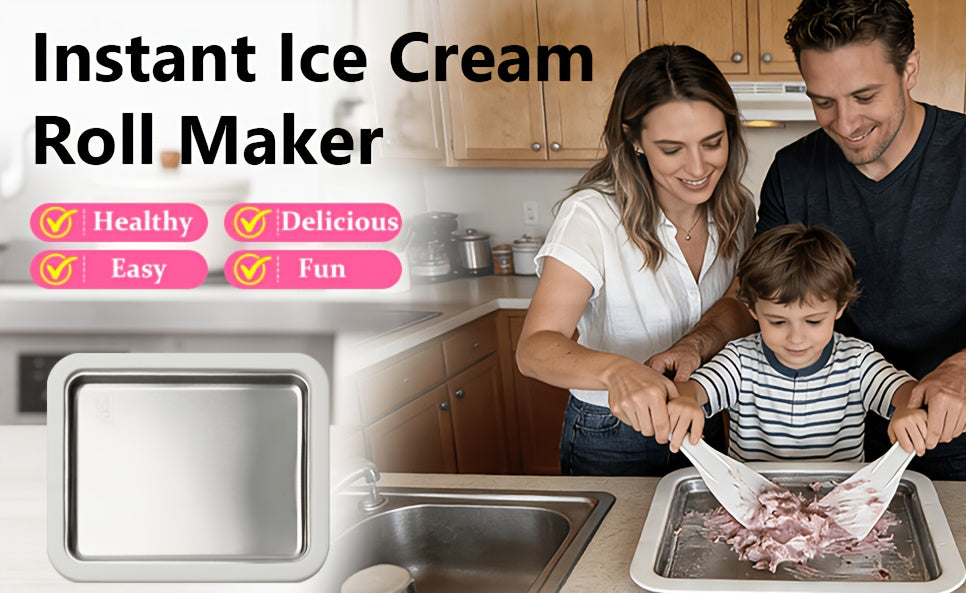 Portable Mini Ice Cream Roll Machine – Quick-Freeze Plate & Stainless Roll Maker for Homemade Frozen Yogurt & Ice Cream | Parties, Picnics & Home Use | Pink & White