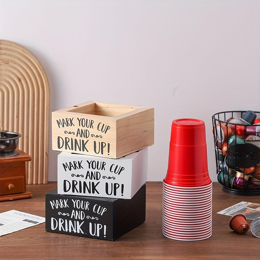 Wooden Cup Holder Desktop Organizer "Mark Your Cup & Drink Up" – Party Cup Rack for Coffee Bar, Desk, Vanity & Cosmetics Storage, Rustic Wood Farmhouse Kitchen Decor & Office Accessories