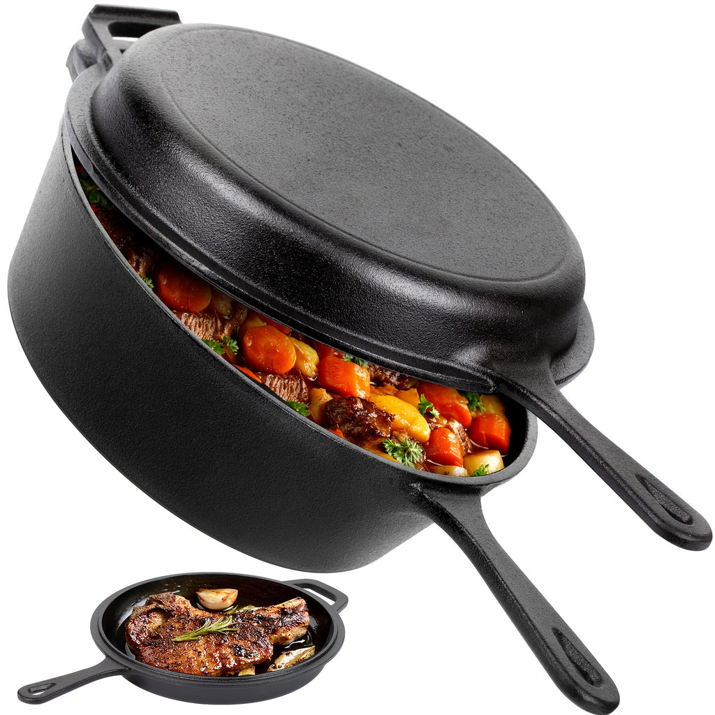 Pre-Seasoned Cast Iron Dutch Oven & Frying Pan Set – 2-in-1 Deep Pan + Skillet for Baking, BBQ, Stovetop & Induction | Indoor & Outdoor Cookware