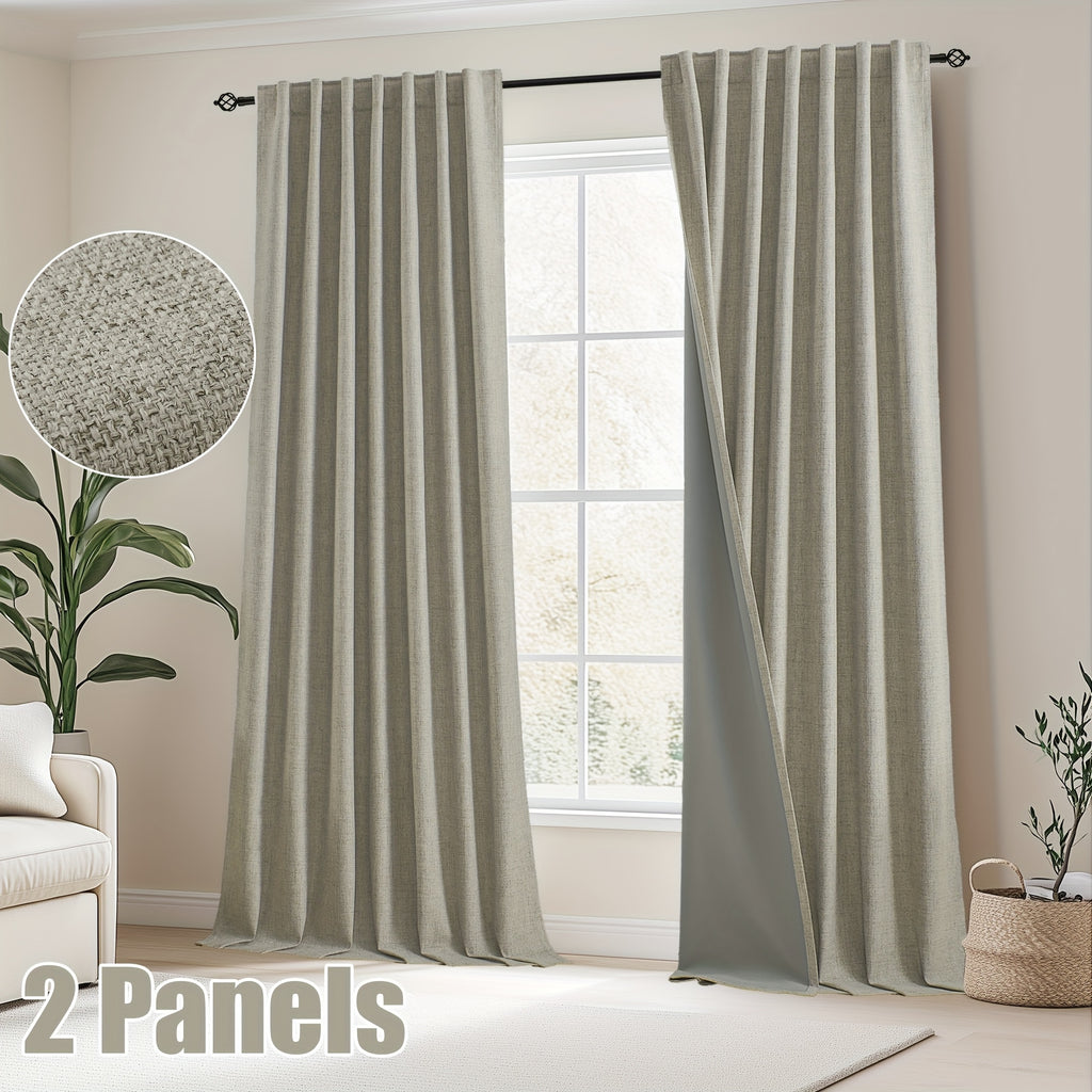 Faux Linen Blackout Curtains 2 Panels for Bedroom & Living Room – 100% Blackout, Back Tab & Rod Pocket, Thermal Insulated Farmhouse Drapes