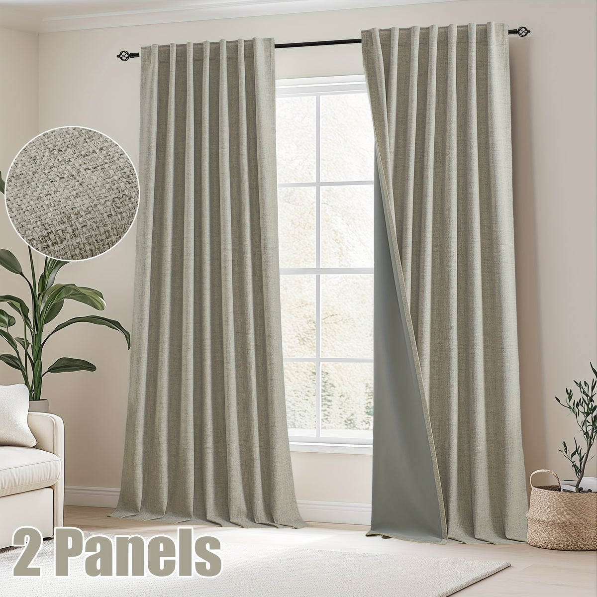Faux Linen Blackout Curtains 2 Panels for Bedroom & Living Room – 100% Blackout, Back Tab & Rod Pocket, Thermal Insulated Farmhouse Drapes