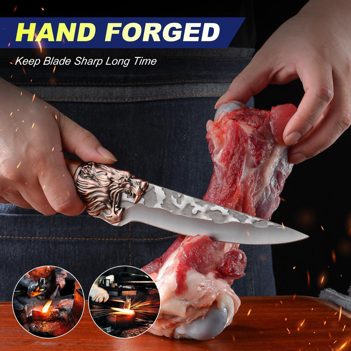 Professional Kitchen Knife Set with Forged Carbon Steel Blades, Full Tang Chef's, Meat, Carving & Cleaver Knives Plus Poultry Shears, Upgraded Version, Perfect Gift for Women & Home Cooks