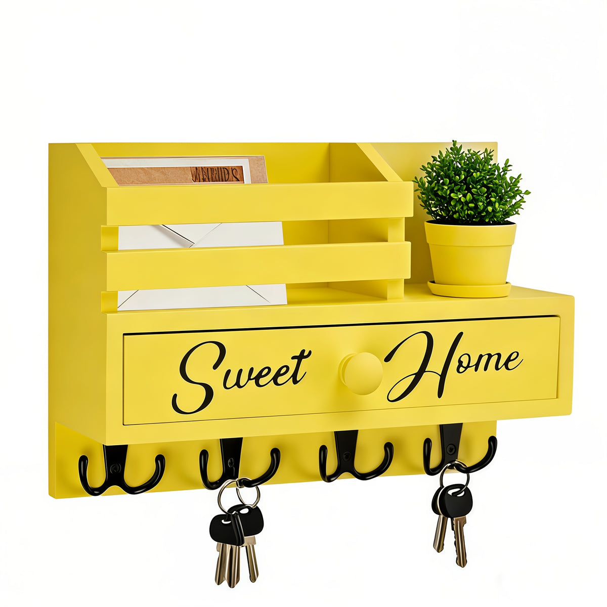 8-Hook Wall-Mounted Key & Mail Holder with Storage Drawer – Rustic Wood Entryway Organizer for Kitchen, Mudroom & Office, Adhesive Paintable Hooks, Space-Saving Easy Install