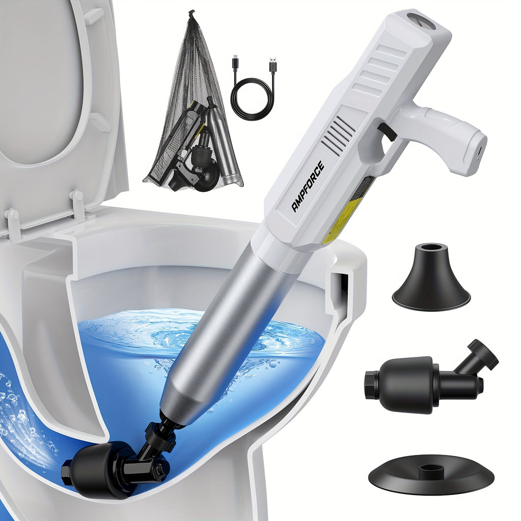 Electric Toilet Plunger 8V Cordless – High-Pressure Pneumatic Unclogger with Real-Time Pressure Display, Power Drain Opener for Clogged Toilets, Sinks & Floor Drains, Mess-Free Reusable, White Black