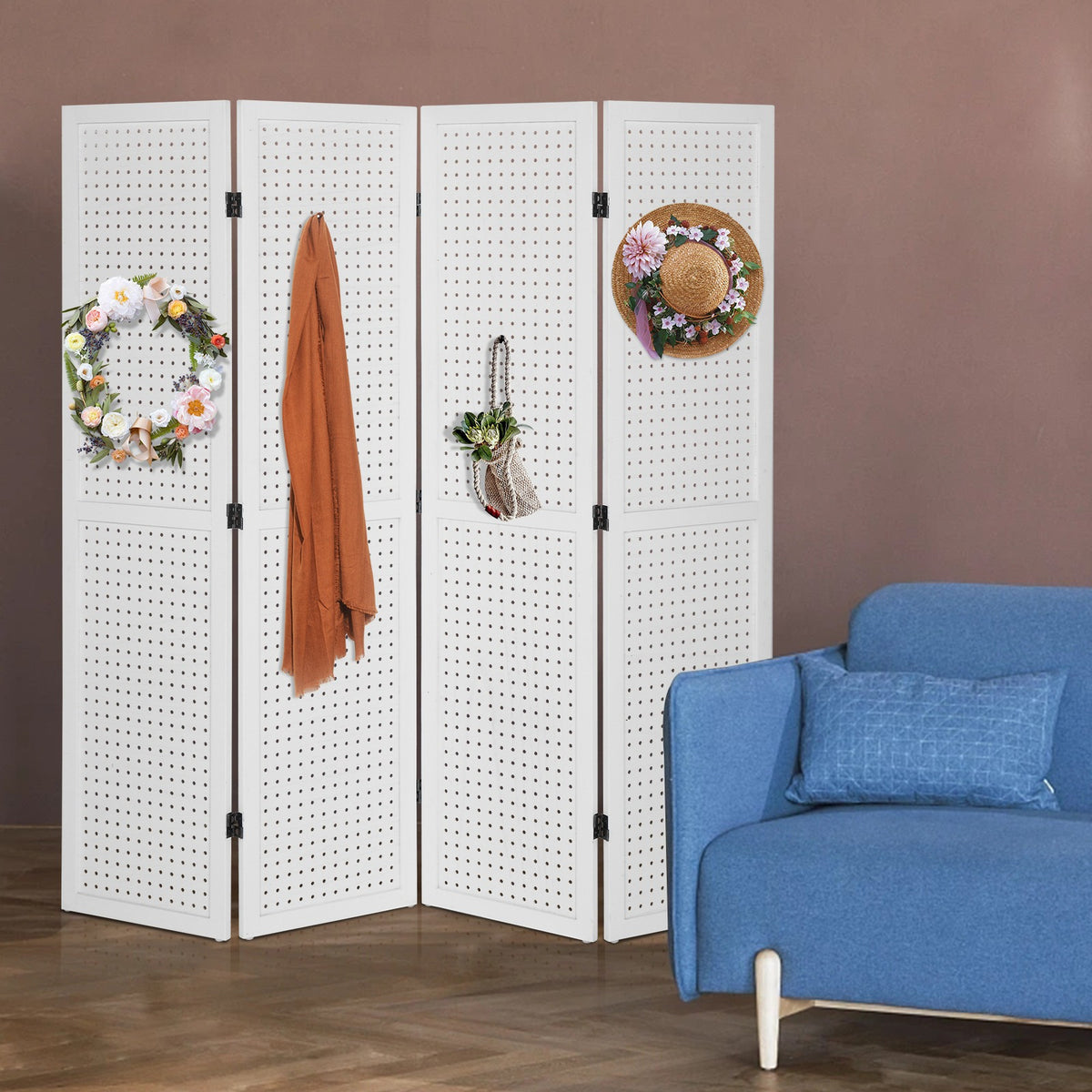5 FT Freestanding Pegboard Room Divider | Wood Folding Privacy Screen & Display Board Organizer with Support Feet – White, Black, Natural, Grey | Craft Shows, Retail & Home
