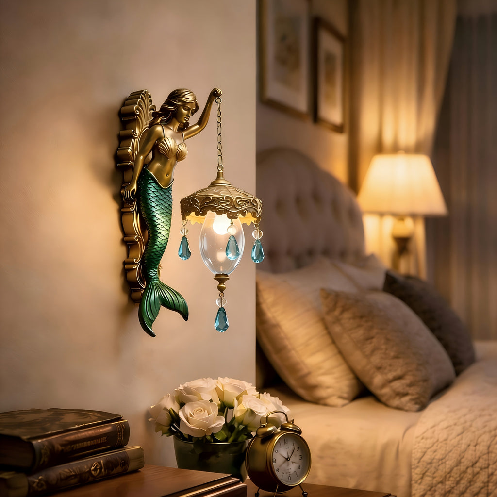 Mermaid Wall Night Light Battery Powered Wireless - Vintage Soft Glow LED Wall Lamp with Elegant Tail Design for Bedroom, Kids Room & Fantasy Decor, Plug-Free Wall Sconce Gift