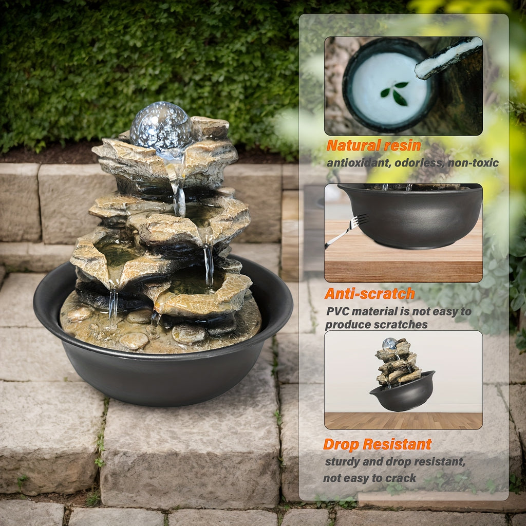 Rock Tabletop Zen Fountain with LED Lights & Rotating Crystal Ball – 8.3" Desktop Waterfall Fountain with Humidifier for Living Room, Office & Bedroom, Plug-In Soothing Water Feature